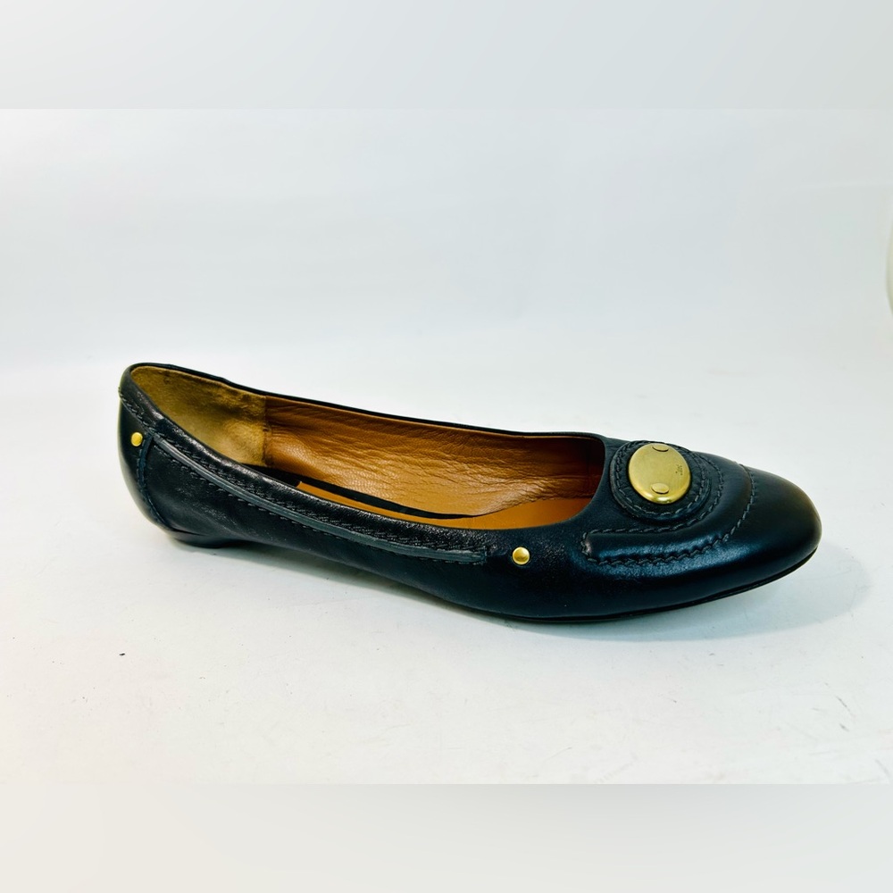 Chloe Black Leather Ballet Flat with Gold Medallion